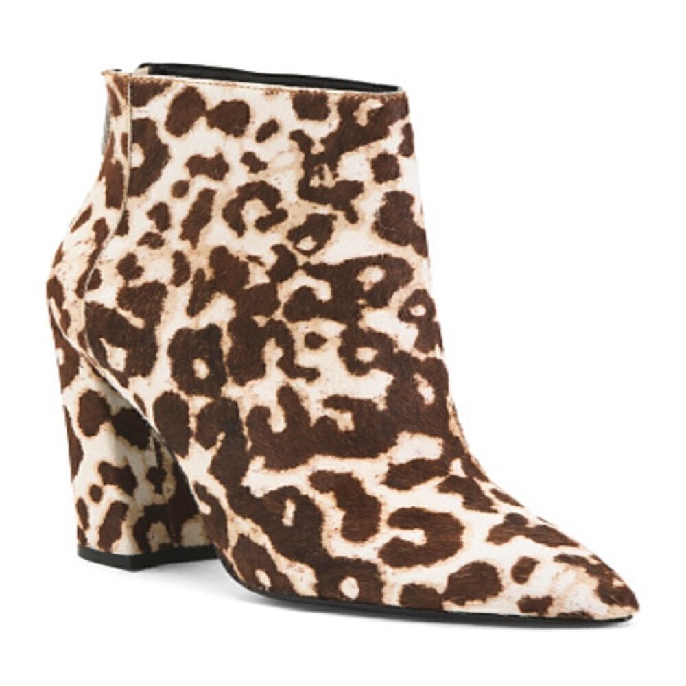 Leopard Print Animal Haircalf Zip Chunky Heel Ankle Boots/Booties Women size 5.5
